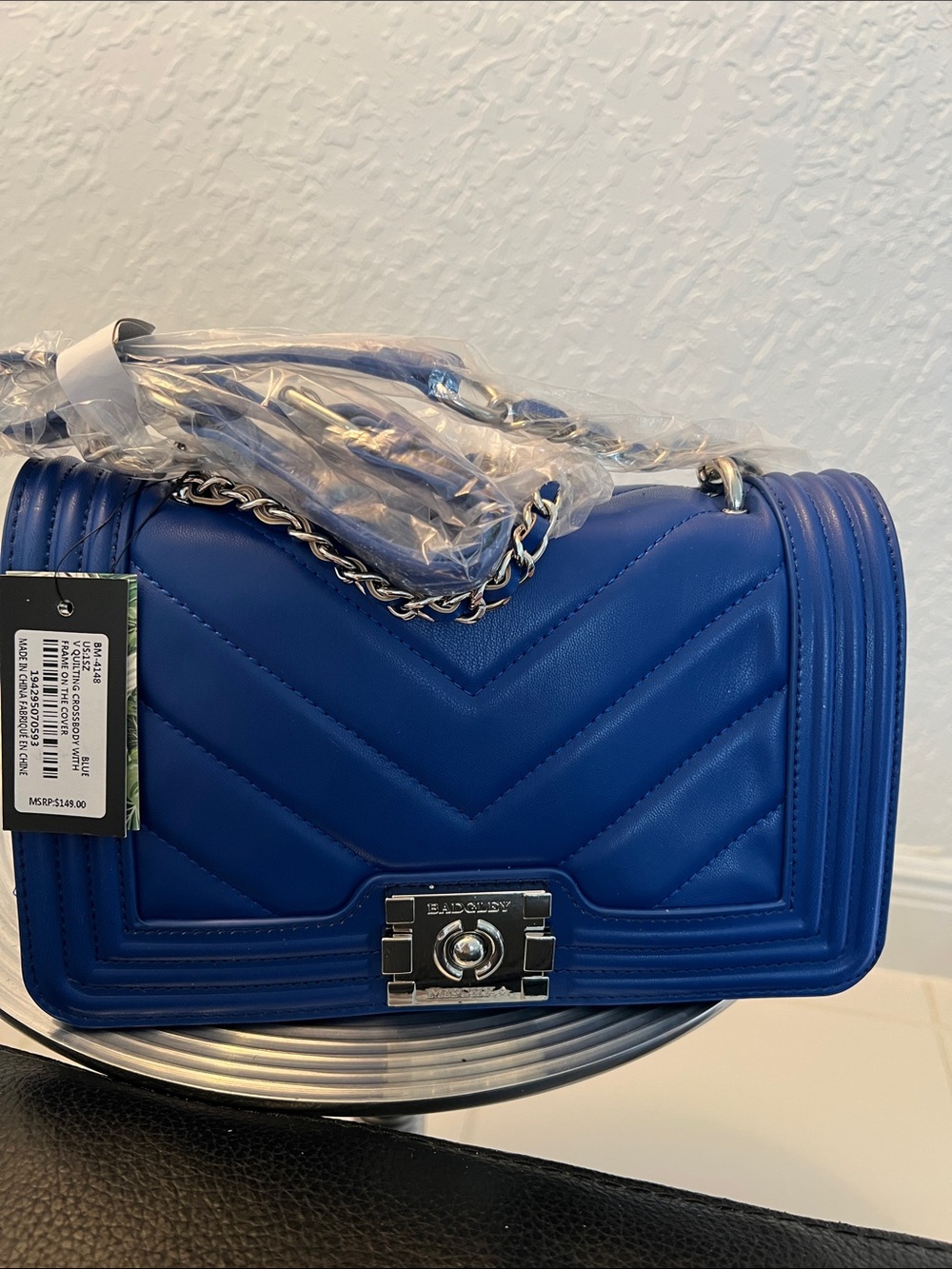 Bradley Miscka Blue Quilted Shoulder Bag with Chain Strap